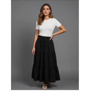 Black Boho Tiered Ruched Skirt